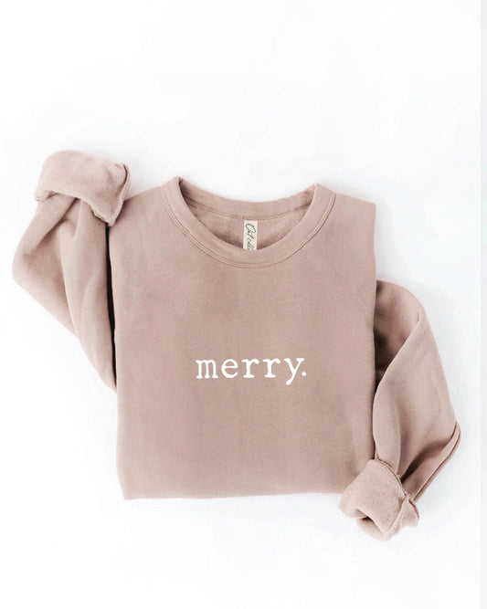 Brown sweatshirt with 'merry.' text on a white background